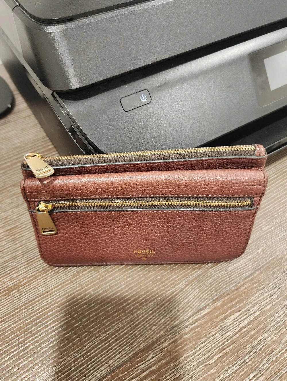 Fossil Pebbled Leather Zip Wallet - Chocolate Brown